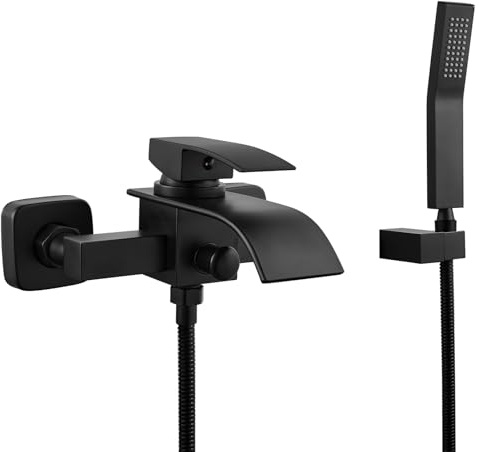 Midanya Wall Mount Bathtub Faucet with Handheld Spray Waterfall Tub Filler Single Handle Bathroom Tub Mixer Tap Hand-Shower System with Curved Spout Commercial,Matte Black