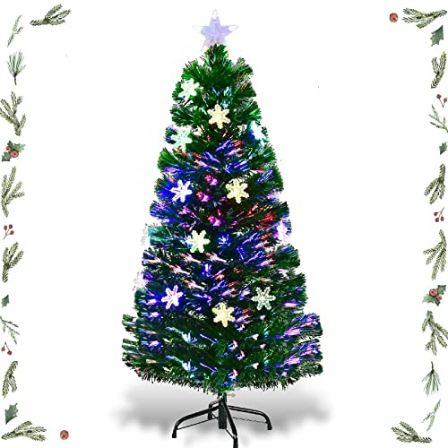 GYMAX Albero di Natale Artificiale 120 cm, Illuminato con Luci Fibre Ottiche, 18 LED Lampadine a Neve, 125 Rami Folti, Punte a Stella, Montaggio Facile, Decorazione Natalizia per Casa/Ufficio/Negozio