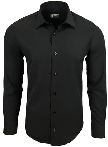 Subliminal Mode RN44 - Camisa, de planchado fácil, para hombre, cuello bicolor liso, manga larga, ceñida, para negocios, para regalo, Navidad y San Valentín, Negro liso., L