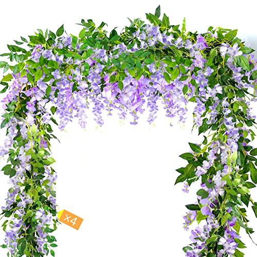 MOTONG Artificial Vine Flowers Decoration, 4Pcs (8FT/2.5M/piece) Artificial Wisteria Vines Garland Plants Flowers Arts For Ceremony Home Garden Wedding Party Decors (4Pcs Purple)