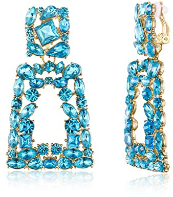EVER FAITH Rechteckige Ohrclips für Damen funkelnde Strasssteine geometrische Statement Ohrringe Clips on Blau