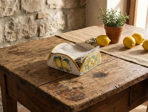 Portatovaglioli quadrato in ceramica siciliana giallo e verde di santo stefano di camastra decorata a mano Limoni Art 9