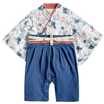 Newborn Infant Boys Spring Summer Long Sleeve Japanese Kimono Romper Jumpsuit Japanese Style (Dark Blue, 6-12 Months)