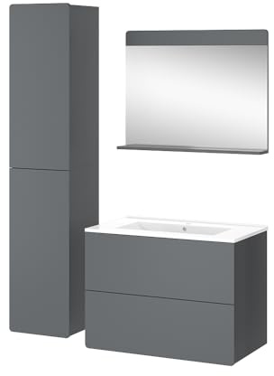 Vicco Badmöbel-Set Grau Izan, bestehend aus Waschbecken, Waschtischunterschrank, Spiegelschrank, Hängeschrank - Mehr Stauraum ohne Bodenfläche zu nutzen