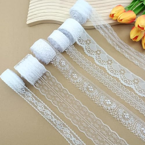 6 Rollen Spitzenbänder Weiß Spitzenstoff Geschenkband Bordüre Spitzenbordüre Spitzenband Dekoband Zierband Spitzenstoff Weiß Vintage Band für Geschenkverpackung Valentinstag Basteln Hochzeit