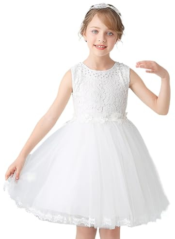 IYOU Elégant Fille Fleur Robe Blanc Dentelle Tutu Jupe Fleurs sans Manches Princesse Communion Robes pour Mariage Anniversaire Parti