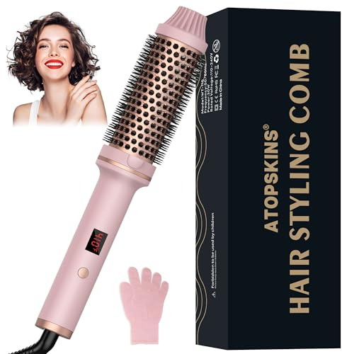38mm Ceramic PTC Curling Thermal Brush,Volumizing Curling Iron, LCD Display Double Voltage Travel Curling Brush, 10 Temps 120-210℃,Pink