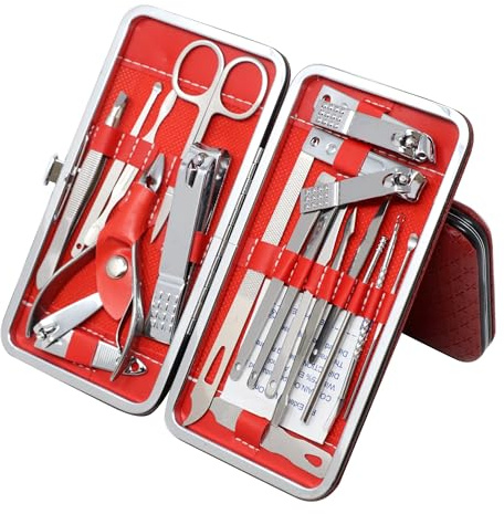 Vinciann Kit viaggio 19 pezzi estetista cura mani piedi viso orecchie forbici unghie manicure pedicure set bellezza corpo in astuccio simil pelle rosso