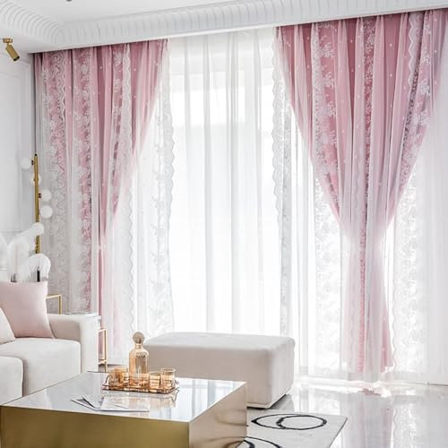 Beydodo Vorhänge Blickdicht 2er Set, Verdunklungsvorhänge Ösen 96x160CM Doppellagig mit Spitze Voile Vorhang Verdunkelnd Wohnzimmer Kinderzimmer, Rosa