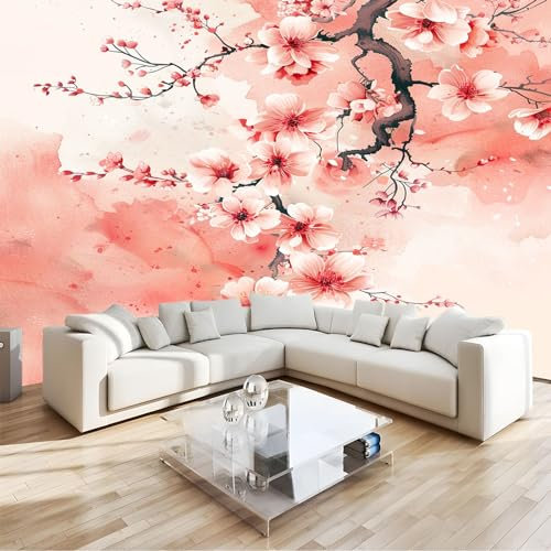 Carta da Parati Camera Letto Fiori di Ciliegio Dell'Acquerello 200x140cm Fotomurali Moda Decorazione da Muro Poster Carta da Parati Murale 3D per Soggiorno Ufficio Cameretta Bambini, Rosa