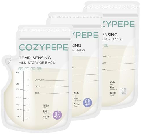 Cozypepe 200 Pcs Breastmilk Storage Bags, 8oz Breast Milk Storing Bag with Pour Spout, Temperature-Sensing Color Change Milk Bag for Convenient Breastfeeding, No Leak Presterilized for Freezer