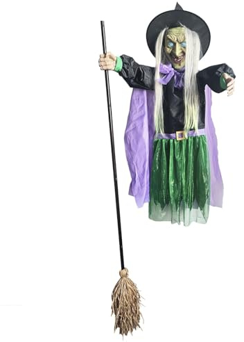 Animierte Halloween-Dekorationen für den Außenbereich, gruselige fliegende Schwebehexe, fliegende Hexe, Halloween-Dekoration auf Besen, 1,7 m Animatronik-Halloween-Requisiten mit gruseligen Geräuschen