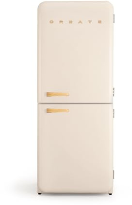 CREATE / RETRO FRIDGE COMBI 185 WOOD/Réfrigérateur combiné blanc cassé avec poignée en bois et congélateur 401L / 190W, système No Frost, 3 étagères, 2 tiroirs, 70x65x185 cm
