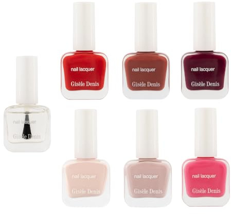 GISÈLE DENIS - Pack de 6 Lacas de Uñas 6 x 10 ml + Top Coat 10 ml, Cobertura Perfecta, Efecto Brillante, Fácil de Aplicar, Secado Rápido, Fórmula con Ingredientes Naturales y Respetuosa con las Uñas