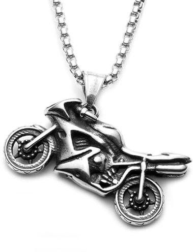 BlackAmazement Ciondolo in acciaio inox 316L con collana da motociclista, macchina da corsa argento, Acciaio inossidabile