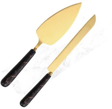 Stainless Steel Gold Mirror Finish Cake Cutter Knife and Server Gift Set with Ceramic Handle, Elegant Design for Weddings, Birthdays, and Special Occasions. (Black)