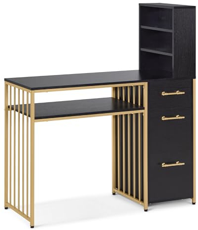 M MCombo Schreibtisch mit 3 Schubladen, Nageltisch aus Holz Metallgestell, Manikürtisch, Schminktisch ohne Spiegel Modern, Computertisch mit Regal Wohnzimmer, 43x108x125cm, 2420