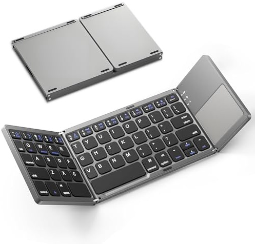KUNSI Foldable Bluetooth Keyboard with Touchpad, Ultra Slim Portable Wireless Keyboard with Rechargeable Battery for Android Windows iOS Tablets Laptop-Space Gray