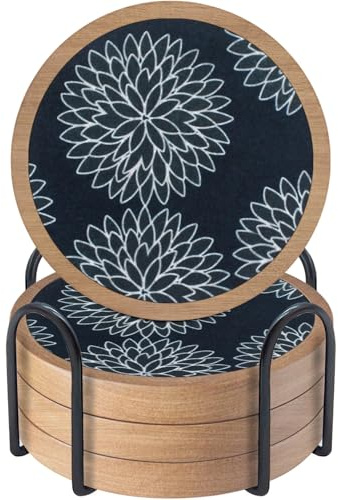 Wood Coasters Set of 4 with Holder, Cewiru Cup Mat for Drinks, Absorbent Coasters with Felt Insert for Coffee Table Protection, Modern Style Home Dining Table Decor, 4.3 Black