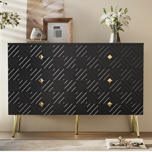 HAINEW Moderner Kommode mit 6 Schubladen und Goldene Beine, Sideboard Schubladenschrank Eckkommode Holz Komodenschrank für Schlafzimmer, Wohnzimmer, Flur, 120x40x80cm (Schwarz)