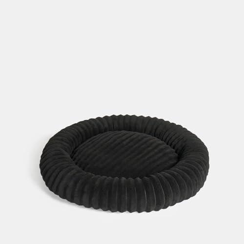OHS Black Dog Bed Medium, Faux Fur Ribbed Round Donut Dog Bed Super Soft Plush Puppy Cuddler Beds Non-Slip Base Anti Anxiety Washable Pet Beds for Cats, 60 x 60cm
