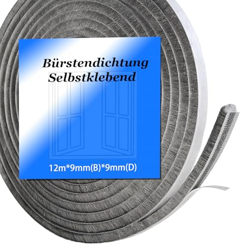 12m Bürstendichtung Selbstklebend,9 mm(B) x 9 mm(D) Bürstendichtung für Rolladen,Fenster,Tür, Schiebetür, Insektenschutz,Kleiderschränk,Türbürstendichtung
