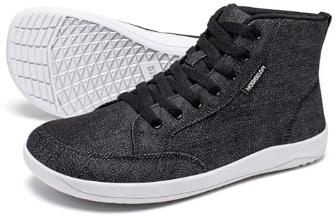 HOBIBEAR Women Wide Toe Box Barefoot Sneakers High Top Trail Running Canvas Shoes Zero Drop Sole Minimalist for Outdoor Casual Gym Hiking Trekking Travel Training Walking Jogging Black White