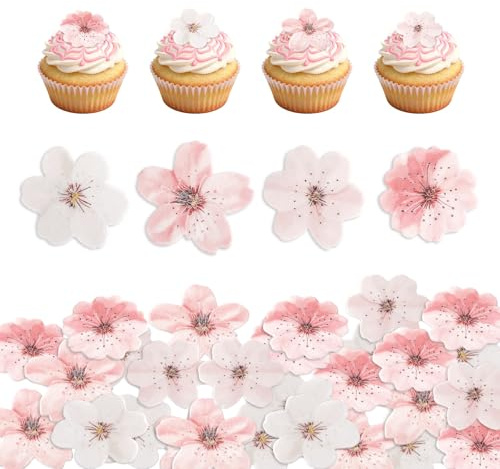 50pcs Fleurs Comestibles, Papier Azyme Décorations Gâteaux à Fleurs Comestibles Décorations de Cupcakes Sakura Roses et Blanches pour Décoration de Gâteaux Mariages Anniversaires