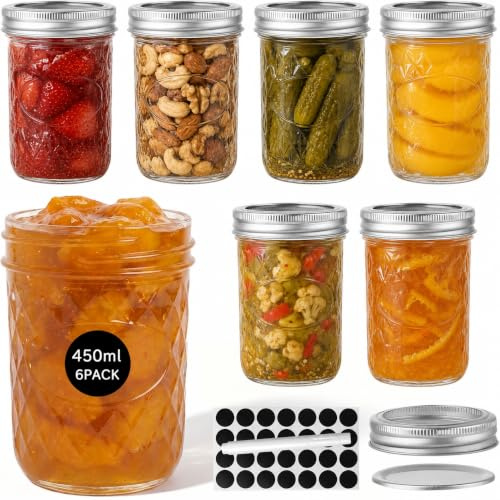 WERTIOO 6 Pack 450 ml Mason Jars with Lids - Airtight Regular Mouth Glass Jars with Silver Metal Lid, Includes Sticker Labels and Marker Pen for Pickling, Jam, Honey, Overnight Oats, Food Storage
