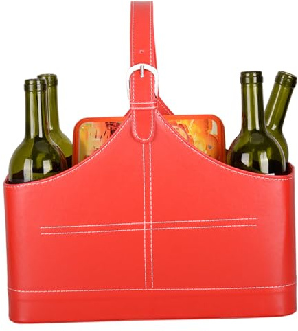 Lederkorb, roter Zeitschriftenhalter aus Leder mit Griff oben für Wein, Blumen, Früchte, Süßigkeiten, Zeitungs-Weihnachtsdisplay