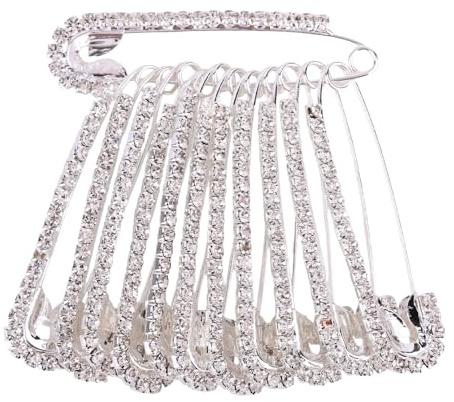 12 St Säkerhetsnålar med Strass, Glittrande Dekorativa Säkerhetsnålar Fina Kristallbroscher för Kvinnor Kläder Sjalar Hattar Halsdukar Klänningar Modeaccessoarer (Silver)