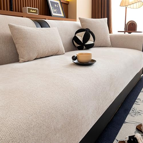 Generisch Chenille Couch Überzug,Sofaschoner rutschfest Sofa Überzug Sofabezug L Form Ecksofa Sofadecken für Sitzfläche Sofa Überwurf für Sektionssofa Sofas Überwurfdecke Waschbar(Beige,90x160cm)