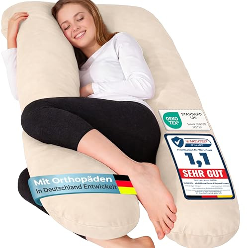 ELONEO NEU Seitenschläferkissen mit Bezug | Stillkissen | Schwangerschaftskissen XXL | Pregnancy Pillow | Komfortkissen für die Schwangerschaft | Lesekissen waschbar, Creme