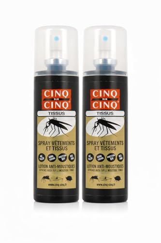 CINQ SUR CINQ Spray Anti-Moustiques et Tiques Vêtements, Lot de 2 x 100 ml | Protection 8h, Contre Moustique Tigre, Sans Odeur, Non Tachant