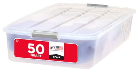 IRIS USA 50 Qt Plastic Under Bed Storage Organizer Bin Container with Secure Lids and Durable Buckles, Multi-Purpose for Seasonal Holiday Items Bedding Clothes Shoes, Long, Clear
