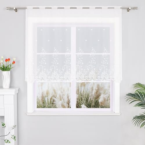 Yujiao Mao 1er Pack Halbtransparent Besticke Weiß Blumen Scheibengardine Küchen Vorhang Tür Gardine J13 HxB 120cmx150cm