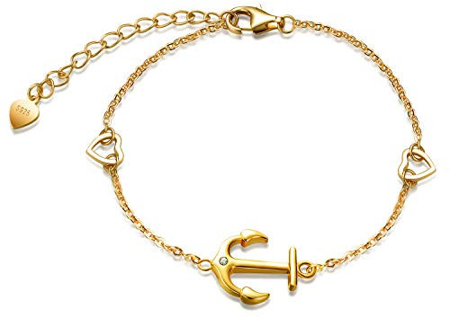 Unendlich U Damen Mädchen Anker Armband 925 Sterling Silber Zirkonia mit Zwei Herzen Armkette Verstellbar Charm Armband