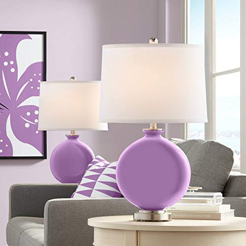 Color + Plus Carrie 26 1/2 Tall Round Modern Table Lamps Set of 2 African Violet Purple Finish Glass Fabric White Shade Living Room Bedroom Bedside Nightstand House Office Family Reading Kitchen