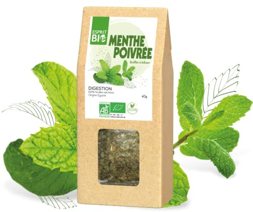 ESPRIT BIO Menthe Poivrée, 100% Feuilles Séchées - Digestion - Vrac - 40g | Confort Digestif, Régulation du Transit Intestinal, Sensation de Légereté, Origine Egypte