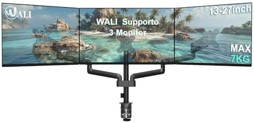 WALI Trippel monitorfäste, 3 bildskärmstativ skrivbordsfäste med premium gasfjäderarm för skärmar upp till 27 tum, VESA 75 x 75 eller 100 x 100 mm (GSDM003), svart
