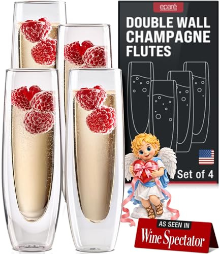Eparé Stemless Champagne Flutes Glass - Set of 4 Double Wall Champagne Glasses for Mimosas, Prosecco, and Cocktails - Modern Lightweight Glass Stemless Flute Glasses for Valentine's Day Celebrations