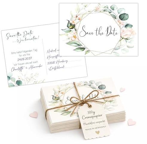 Kackspecht 40 Save the Date Karten Hochzeit Set für Euren schönsten Tag | Edles 300g Premium Cremepapier | Postkarten DIN A6 Minimalistisch & Elegant | Hochzeitskarten Boho