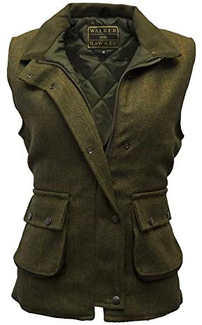 WALKER AND HAWKES - Bayston - Damen Country-Weste aus Tweed - für die Jagd geeignet - Dunkles Salbeigrün - EU 46 (UK 18)