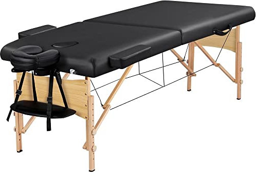 Yaheetech Mobile Massagelige 2 Zonen Massagetisch Höhenverstellbare Massagebank mit Holzfüßen und Tragetasche Klappbare Kosmetikliege 70 cm Breit, Schwarz