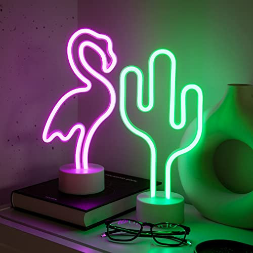 NELUX Confezione da 2 Cactus e Fenicottero - Lampada Neon LED Gaming, Luci Neon, Insegna Luminosa LED Camera Decorazioni Gamer, Scritta Luce Lettere Insigne Luminose Muro. Connessione USB o batterie