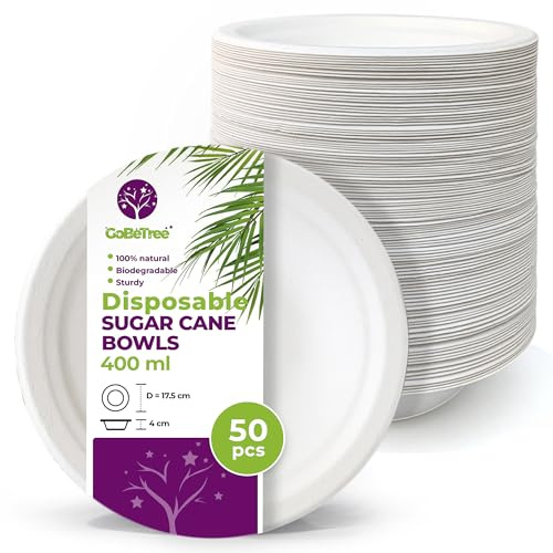 GoBeTree 50 Einweg Schalen Zuckerrohr 400 ml. Schalen für Müsli, Suppe und Desserts, Mikrowellen- und Gefriergeeignet, Fettbeständig