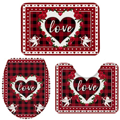 Set 3 Teilig Badvorleger Rosen Und Die Kleinen Liebesgötter Mit Pfeilen Waschbar Bade-Matte+Kontur+Wc-Deckelabdeckung Dekorative rutschfeste Fußmatte Set Für Wohnzimmer Dusche Wc-Sitz Bezug