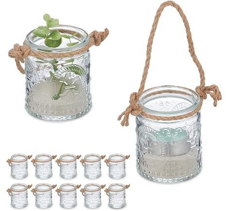 Relaxdays Photophores, Lot de 12, Verres avec Anse, 7 x 6 cm, intérieur & extérieur, déco Mariage, Transparent - Nature