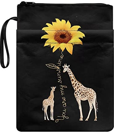 Poceacles Buchumschläge, Schutz, tragbar, Giraffe, Sonnenblumen-Design, Buchhülle mit Reißverschluss, Vordertasche, Hardcover, Buchhülle, Schwarz