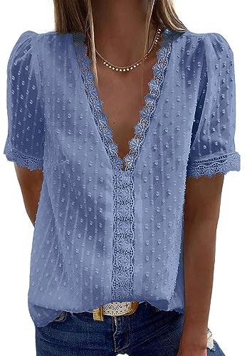 Coloody Blusa con Cuello en V para Mujer Camisa de Encaje Manga Corta Túnica de Color Sólido Tops-Azul Puro-XXL